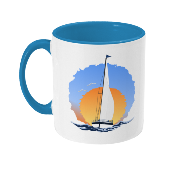 Sailing Yacht at Sunset Two Toned Mug Light Blue Left
