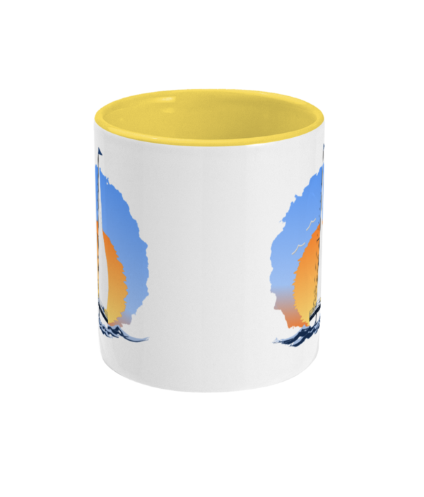 Sailing Yacht at Sunset Two Toned Mug Yellow Front