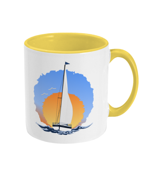 Sailing Yacht at Sunset Two Toned Mug Yellow Right