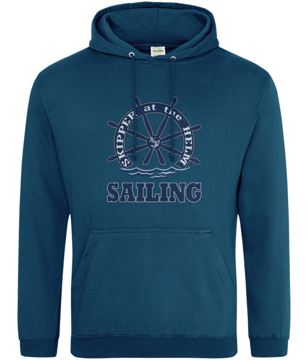 Skipper at the Helm Sailing College Hoodie Deep Sea Blue